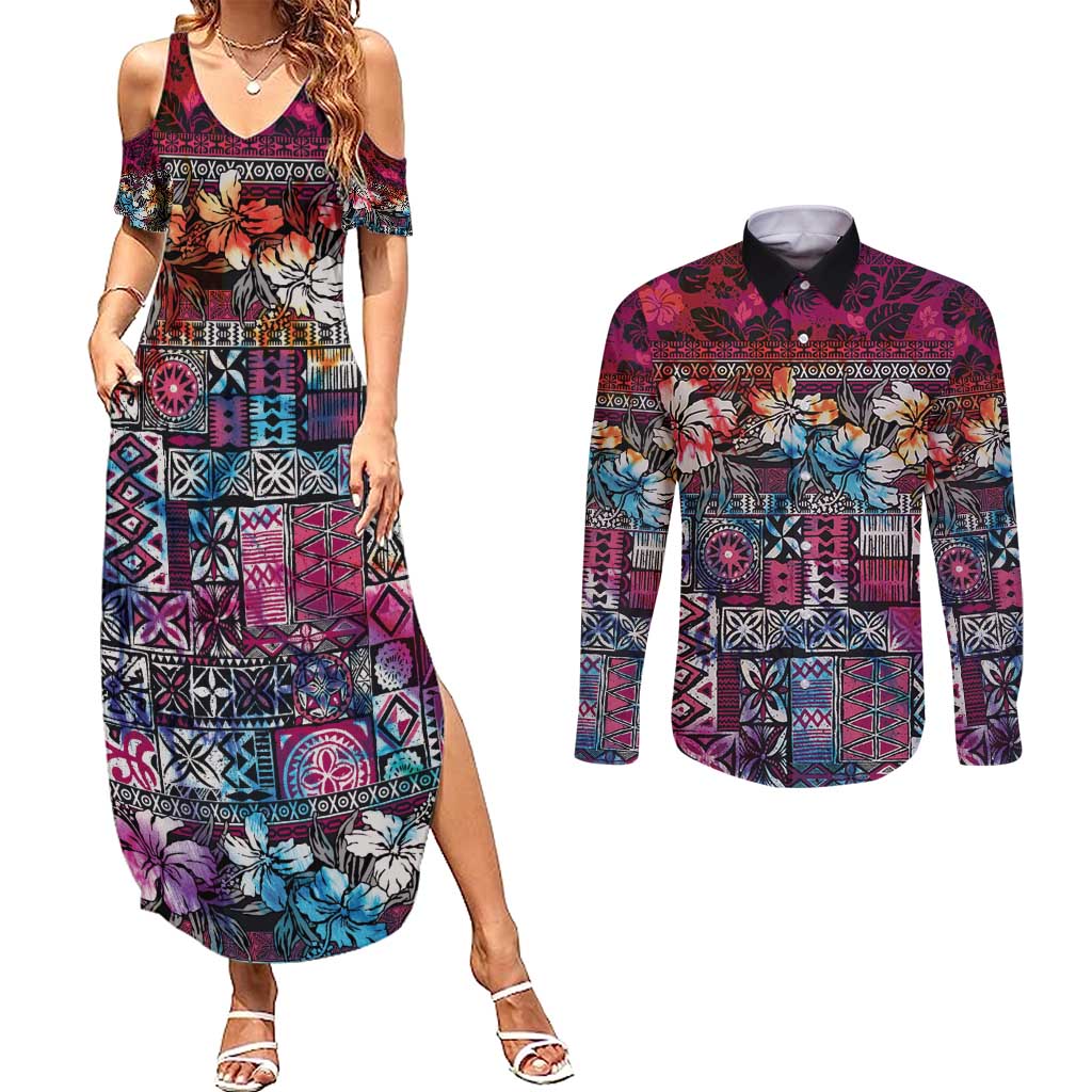 Pacific Hibiscus Tapa Tribal Vintage Couples Matching Summer Maxi Dress and Long Sleeve Button Shirt Pink Motif LT9 Pink - Polynesian Pride