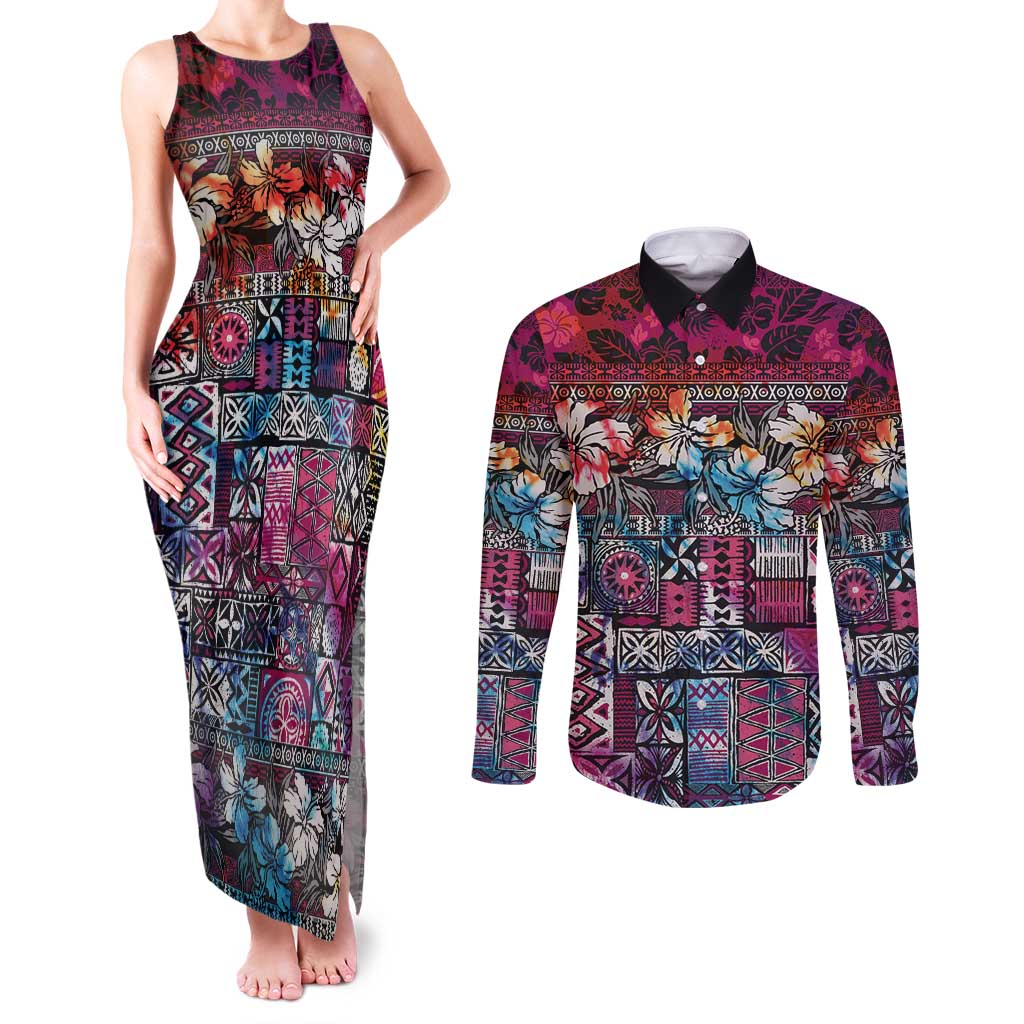 Pacific Hibiscus Tapa Tribal Vintage Couples Matching Tank Maxi Dress and Long Sleeve Button Shirt Pink Motif LT9 Pink - Polynesian Pride