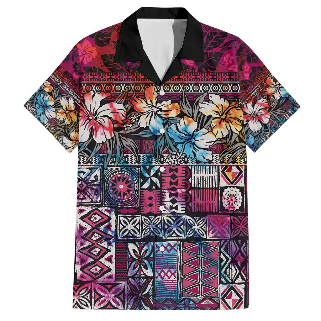 Pacific Hibiscus Tapa Tribal Vintage Family Matching Long Sleeve Bodycon Dress and Hawaiian Shirt Pink Motif