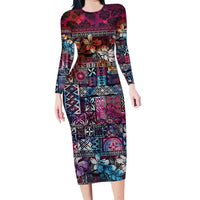 Pacific Hibiscus Tapa Tribal Vintage Family Matching Long Sleeve Bodycon Dress and Hawaiian Shirt Pink Motif