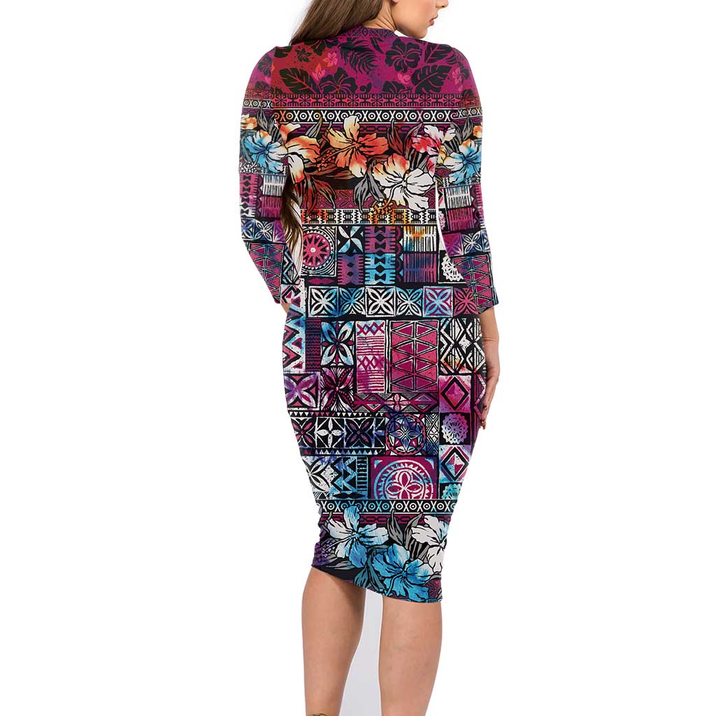 Pacific Hibiscus Tapa Tribal Vintage Family Matching Long Sleeve Bodycon Dress and Hawaiian Shirt Pink Motif
