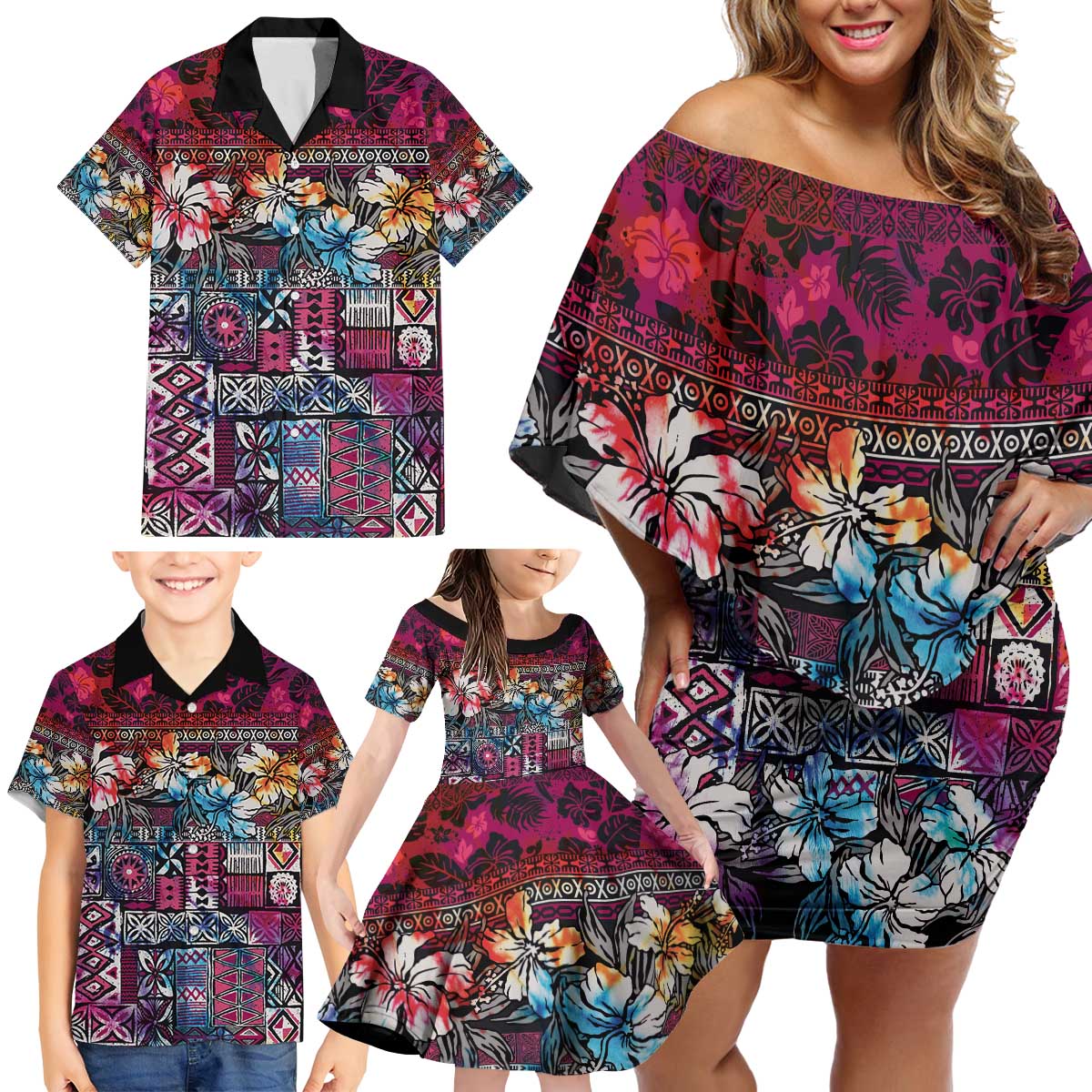 Pacific Hibiscus Tapa Tribal Vintage Family Matching Off Shoulder Short Dress and Hawaiian Shirt Pink Motif