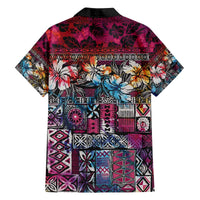 Pacific Hibiscus Tapa Tribal Vintage Family Matching Off Shoulder Short Dress and Hawaiian Shirt Pink Motif