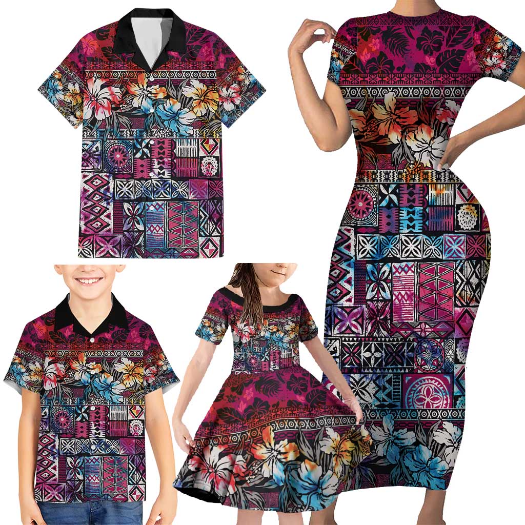 Pacific Hibiscus Tapa Tribal Vintage Family Matching Short Sleeve Bodycon Dress and Hawaiian Shirt Pink Motif