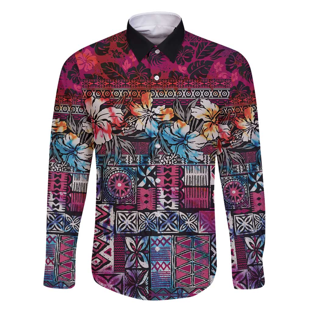 Pacific Hibiscus Tapa Tribal Vintage Family Matching Tank Maxi Dress and Hawaiian Shirt Pink Motif