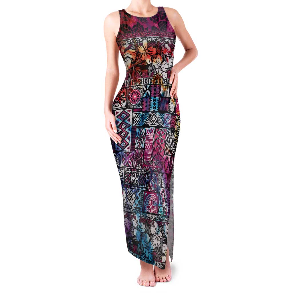 Pacific Hibiscus Tapa Tribal Vintage Family Matching Tank Maxi Dress and Hawaiian Shirt Pink Motif