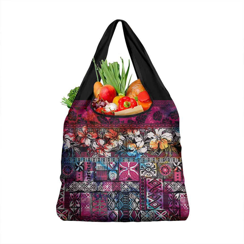 Pacific Hibiscus Tapa Tribal Vintage Grocery Bag Pink Motif LT9 1-pack One Size Pink - Polynesian Pride