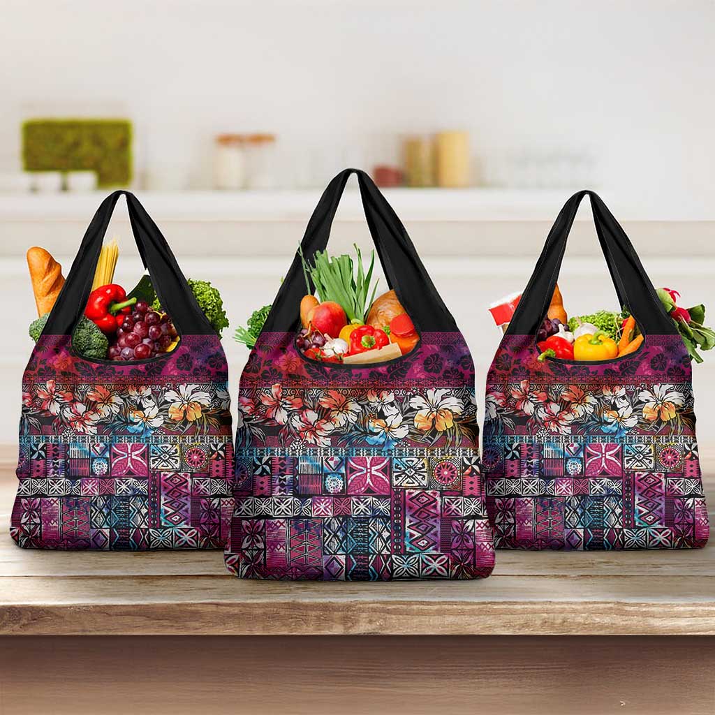 Pacific Hibiscus Tapa Tribal Vintage Grocery Bag Pink Motif LT9 3-pack One Size Pink - Polynesian Pride
