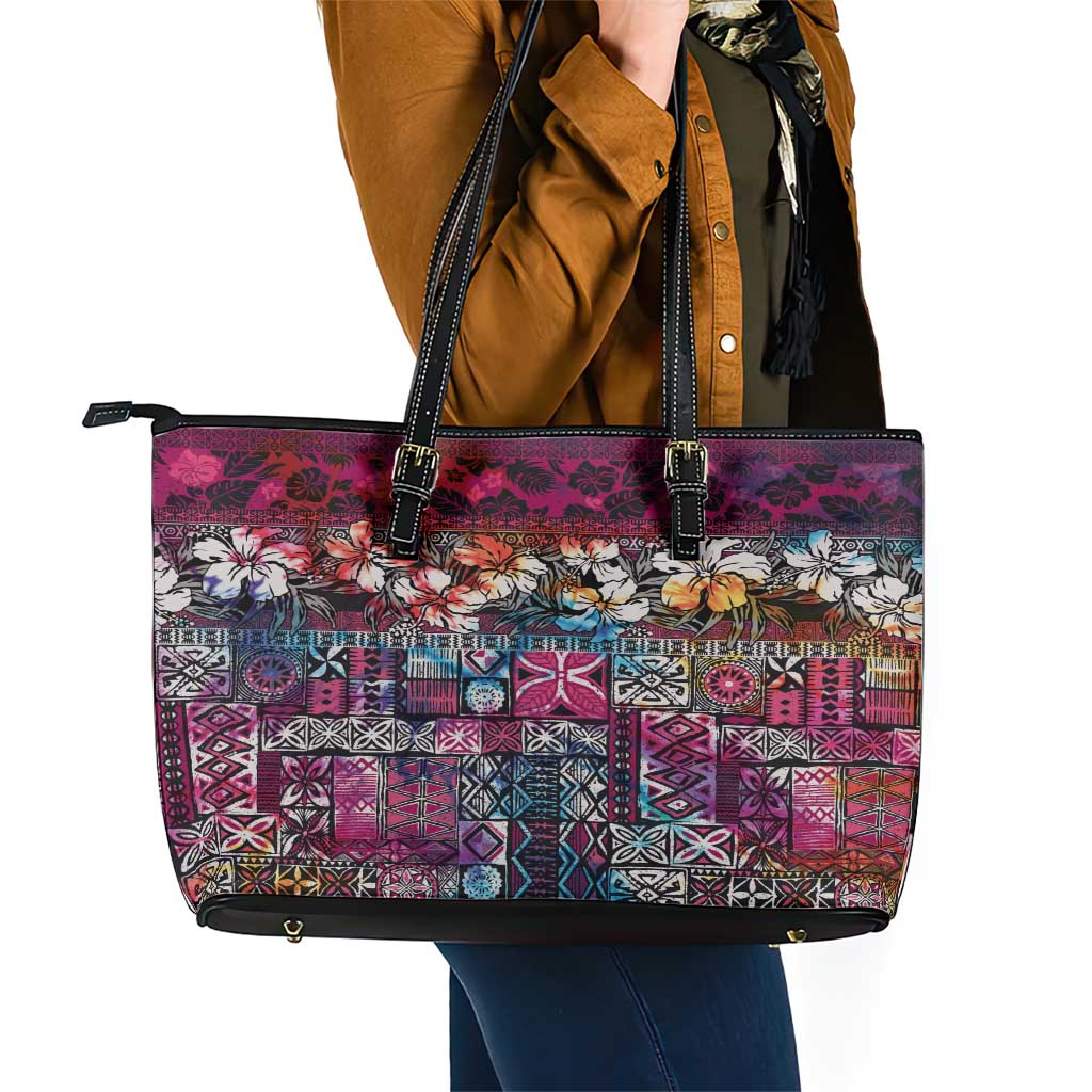 Pacific Hibiscus Tapa Tribal Vintage Leather Tote Bag Pink Motif LT9 - Polynesian Pride