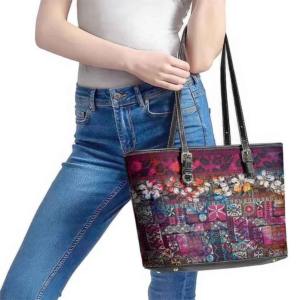 Pacific Hibiscus Tapa Tribal Vintage Leather Tote Bag Pink Motif LT9 - Polynesian Pride