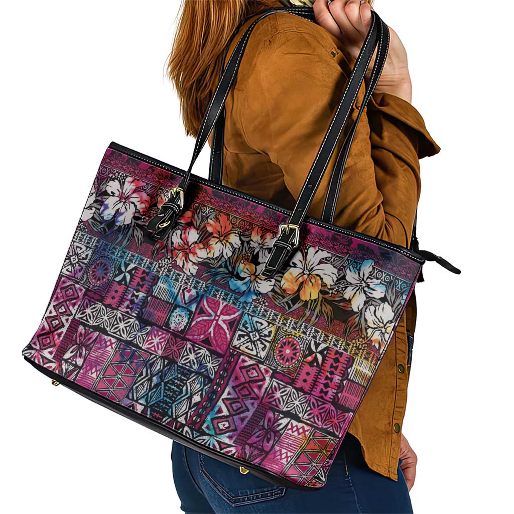 Pacific Hibiscus Tapa Tribal Vintage Leather Tote Bag Pink Motif LT9 - Polynesian Pride