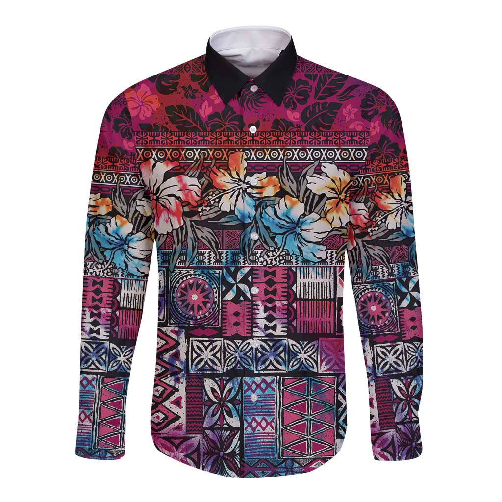 Pacific Hibiscus Tapa Tribal Vintage Long Sleeve Button Shirt Pink Motif