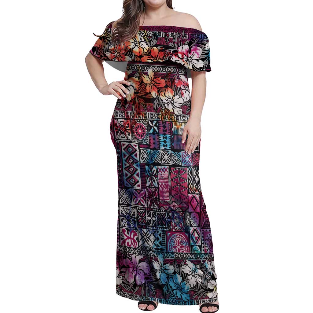 Pacific Hibiscus Tapa Tribal Vintage Off Shoulder Maxi Dress Pink Motif