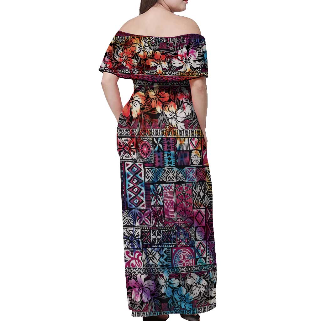 Pacific Hibiscus Tapa Tribal Vintage Off Shoulder Maxi Dress Pink Motif