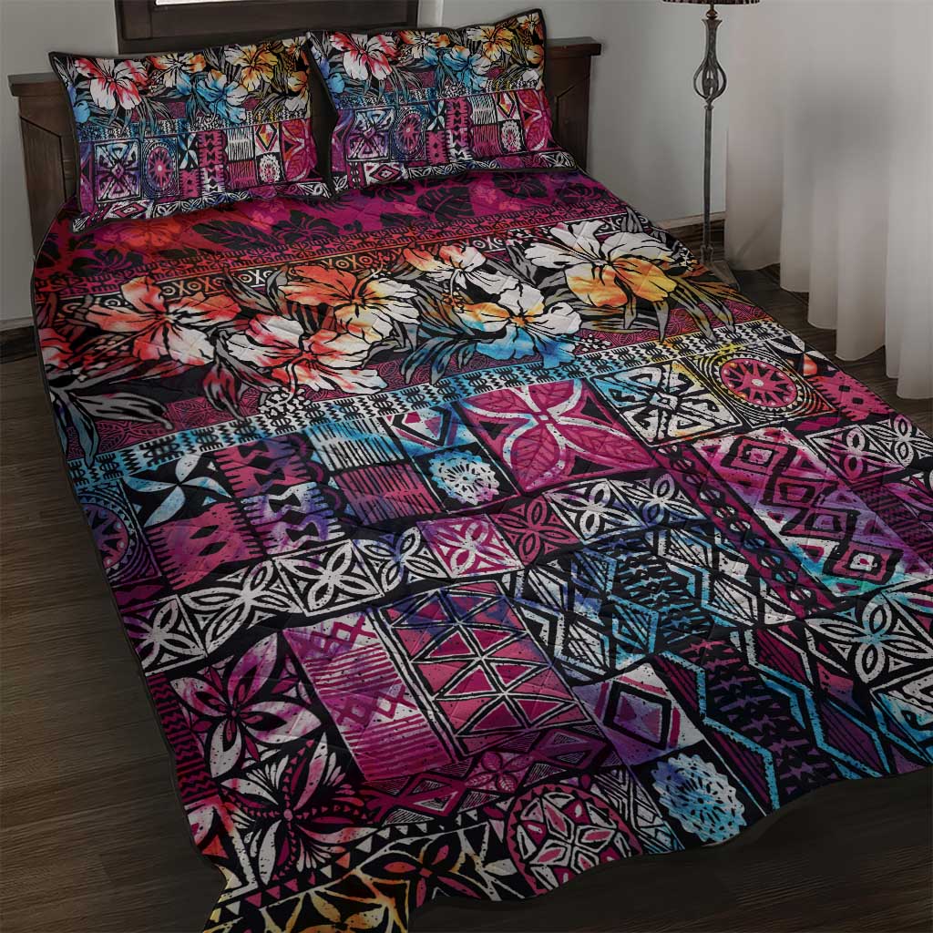 Pacific Hibiscus Tapa Tribal Vintage Quilt Bed Set Pink Motif