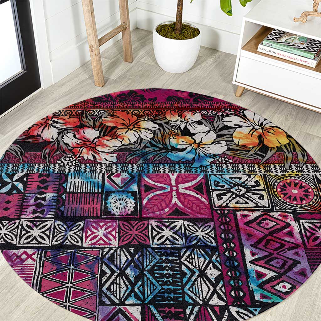 Pacific Hibiscus Tapa Tribal Vintage Round Carpet Pink Motif