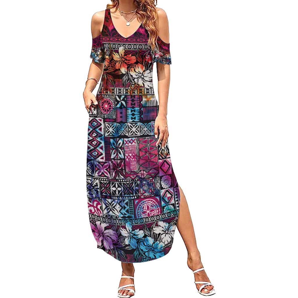 Pacific Hibiscus Tapa Tribal Vintage Summer Maxi Dress Pink Motif LT9 Women Pink - Polynesian Pride