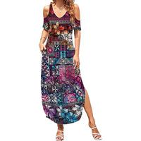 Pacific Hibiscus Tapa Tribal Vintage Summer Maxi Dress Pink Motif LT9 Women Pink - Polynesian Pride