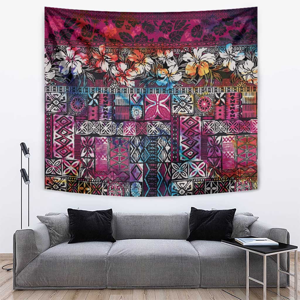 Pacific Hibiscus Tapa Tribal Vintage Tapestry Pink Motif