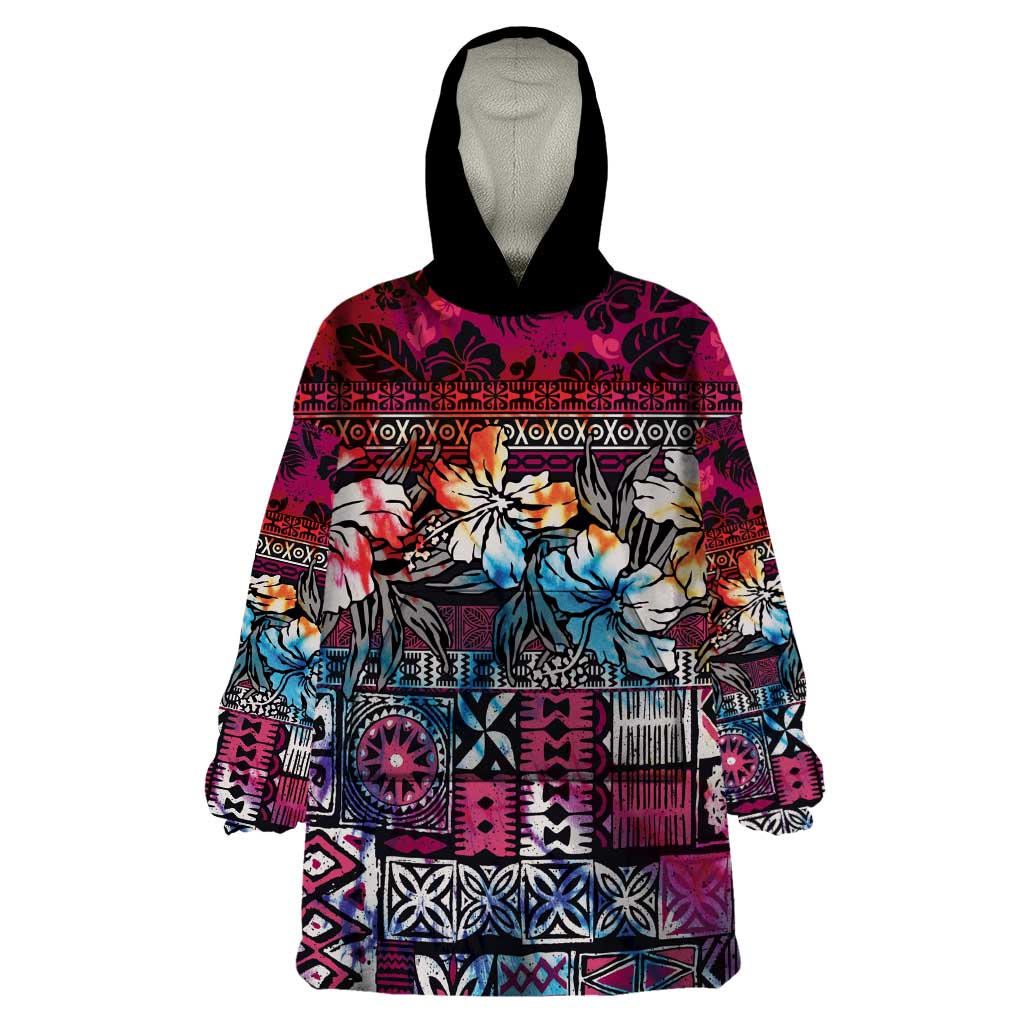 Pacific Hibiscus Tapa Tribal Vintage Wearable Blanket Hoodie Pink Motif LT9 One Size Pink - Polynesian Pride