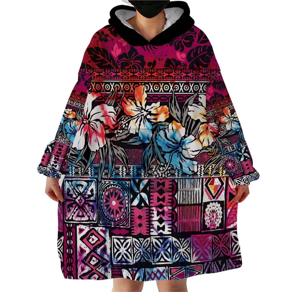 Pacific Hibiscus Tapa Tribal Vintage Wearable Blanket Hoodie Pink Motif LT9 - Polynesian Pride