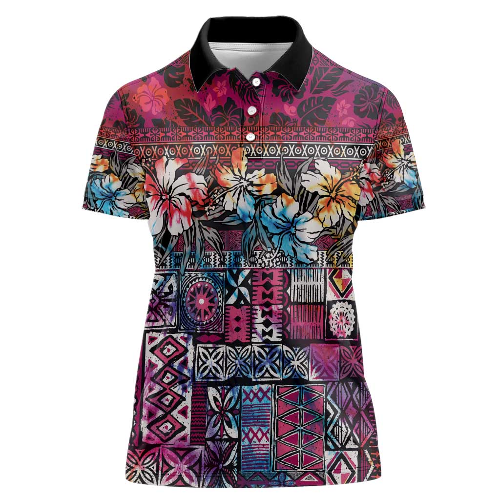 Pacific Hibiscus Tapa Tribal Vintage Women Polo Shirt Pink Motif