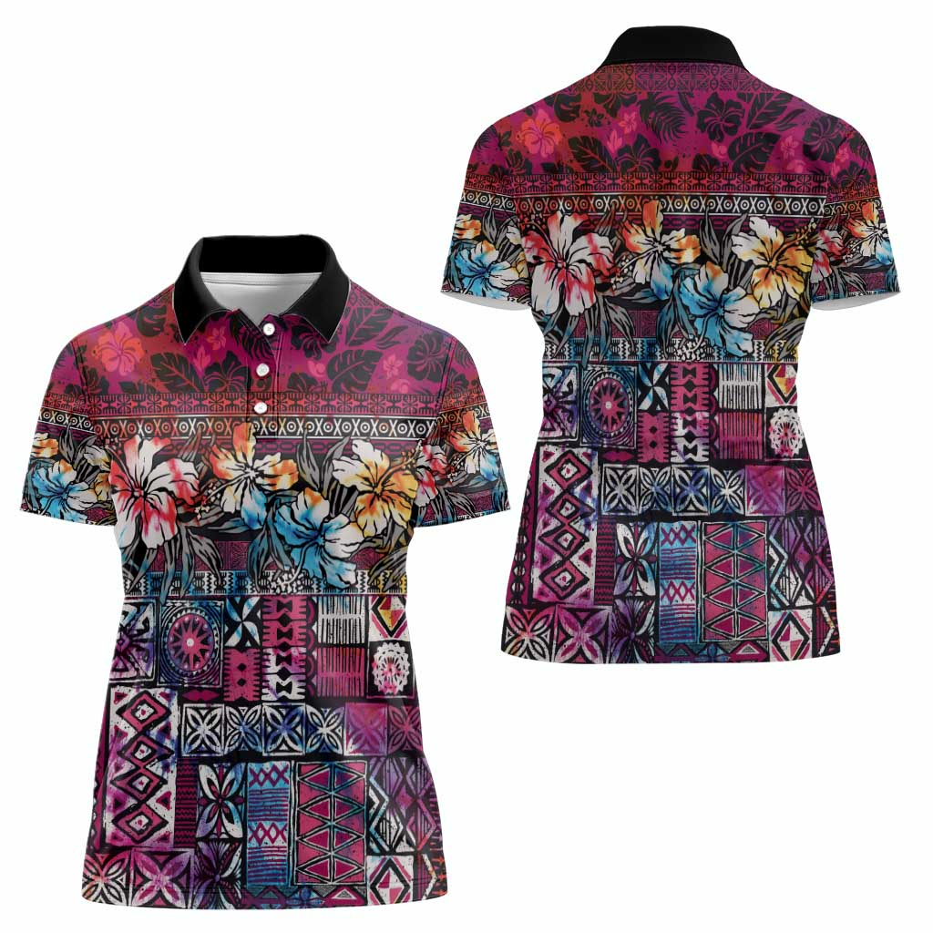 Pacific Hibiscus Tapa Tribal Vintage Women Polo Shirt Pink Motif