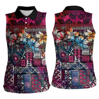 Pacific Hibiscus Tapa Tribal Vintage Women Sleeveless Polo Shirt Pink Motif