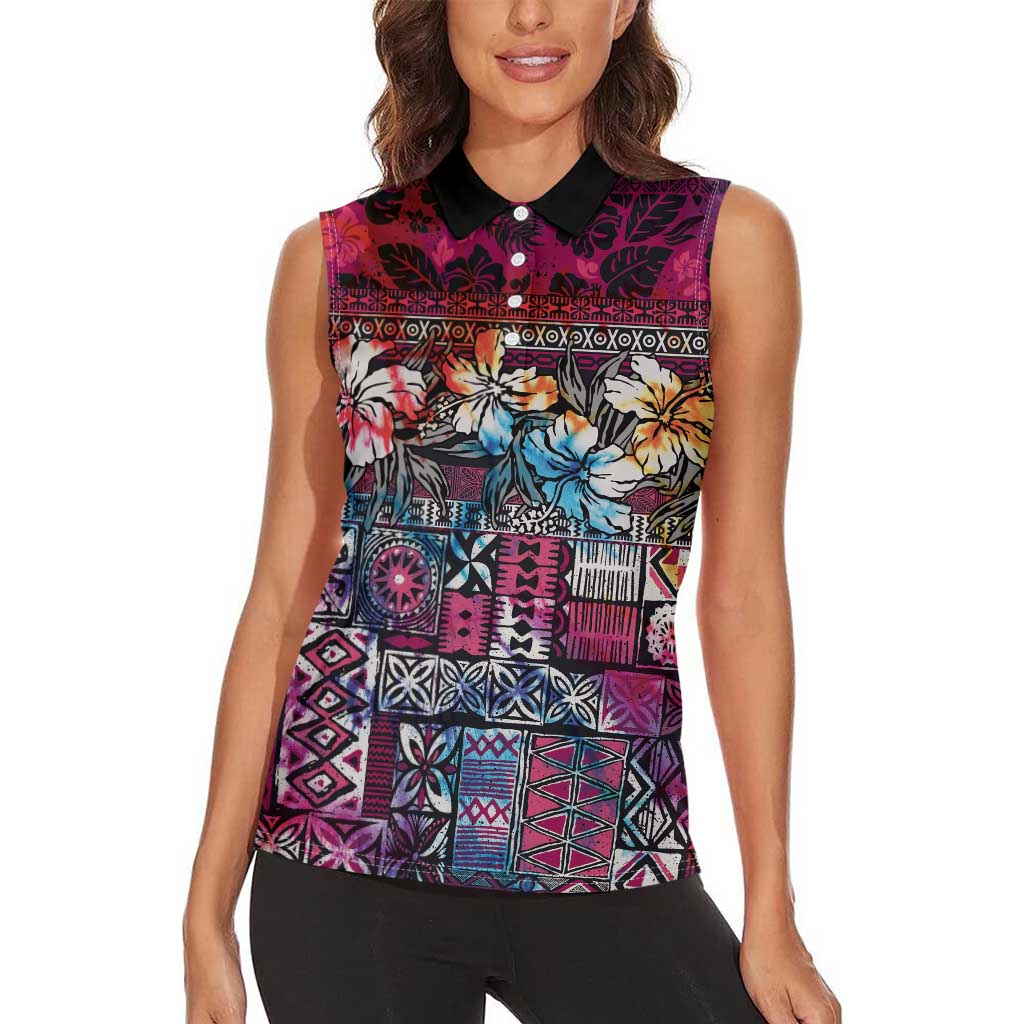 Pacific Hibiscus Tapa Tribal Vintage Women Sleeveless Polo Shirt Pink Motif