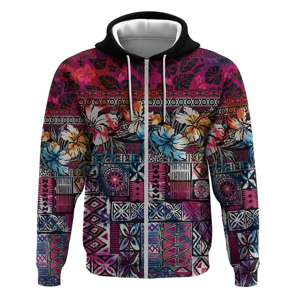 Pacific Hibiscus Tapa Tribal Vintage Zip Hoodie Pink Motif