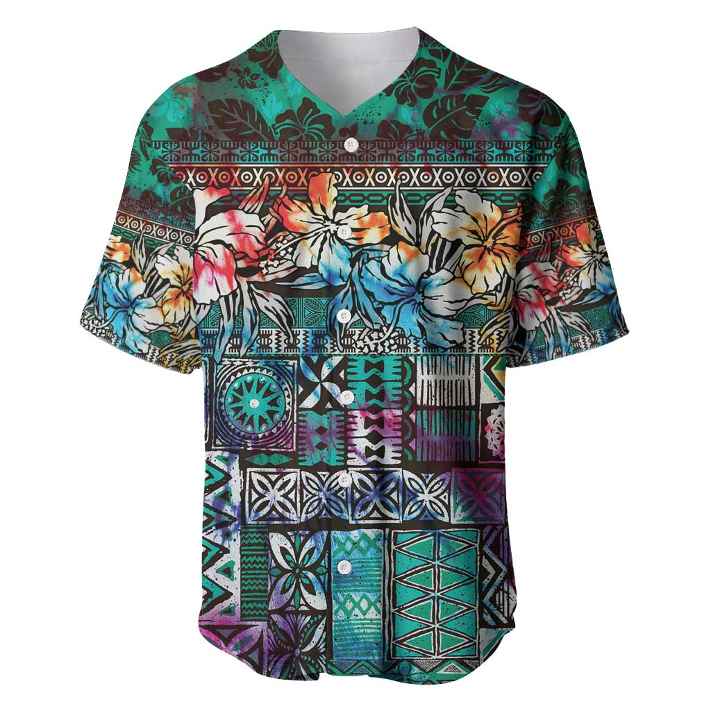 Pacific Hibiscus Tapa Tribal Vintage Baseball Jersey Turquoise Motif