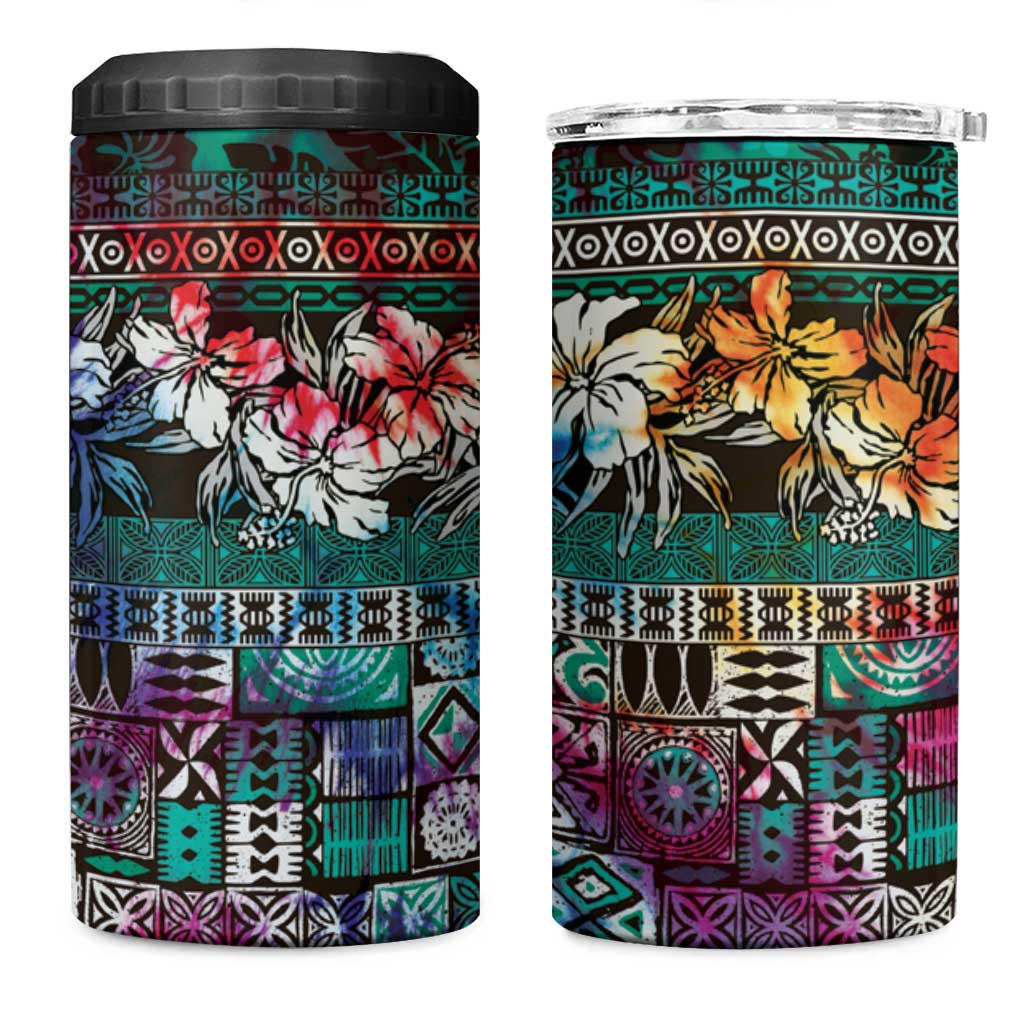 Pacific Hibiscus Tapa Tribal Vintage 4 in 1 Can Cooler Tumbler Turquoise Motif