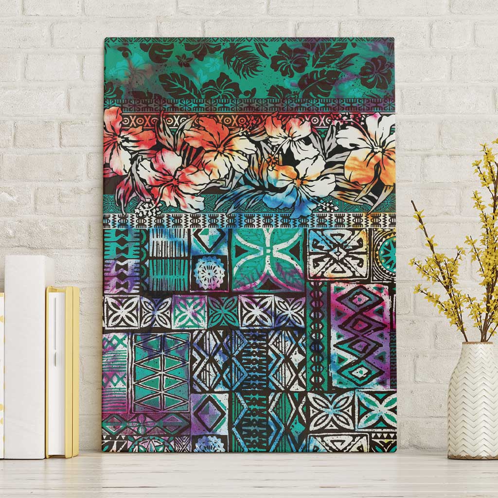 Pacific Hibiscus Tapa Tribal Vintage Canvas Wall Art Turquoise Motif