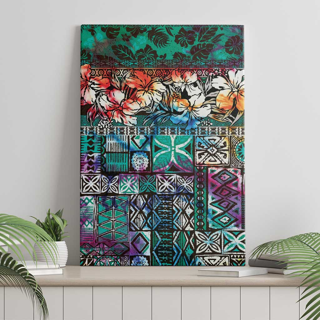 Pacific Hibiscus Tapa Tribal Vintage Canvas Wall Art Turquoise Motif LT9 - Polynesian Pride