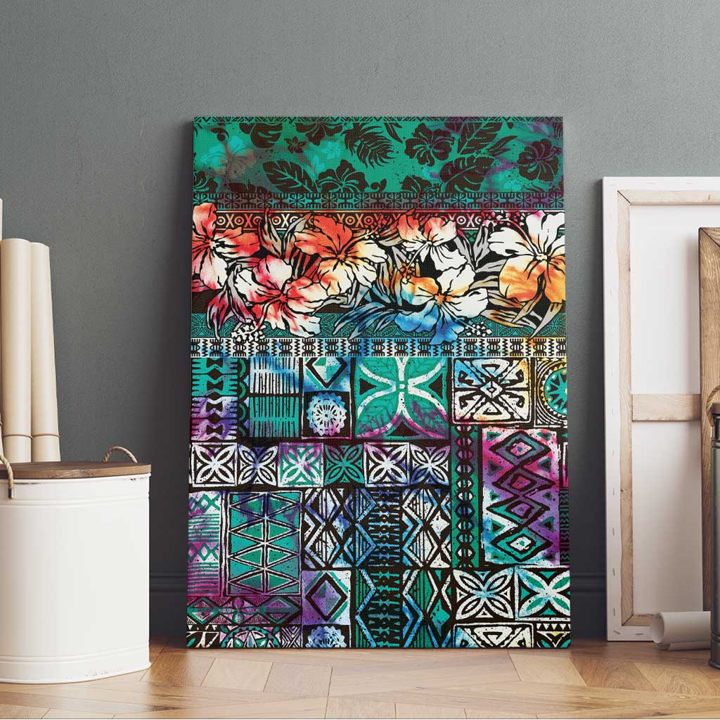 Pacific Hibiscus Tapa Tribal Vintage Canvas Wall Art Turquoise Motif LT9 - Polynesian Pride