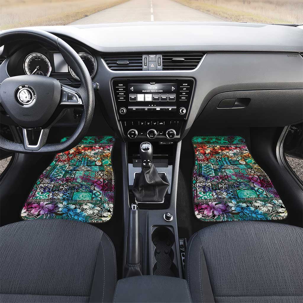 Pacific Hibiscus Tapa Tribal Vintage Car Mats Turquoise Motif LT9 Set 2pcs - Front Turquoise - Polynesian Pride