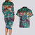 Pacific Hibiscus Tapa Tribal Vintage Couples Matching Long Sleeve Bodycon Dress and Hawaiian Shirt Turquoise Motif