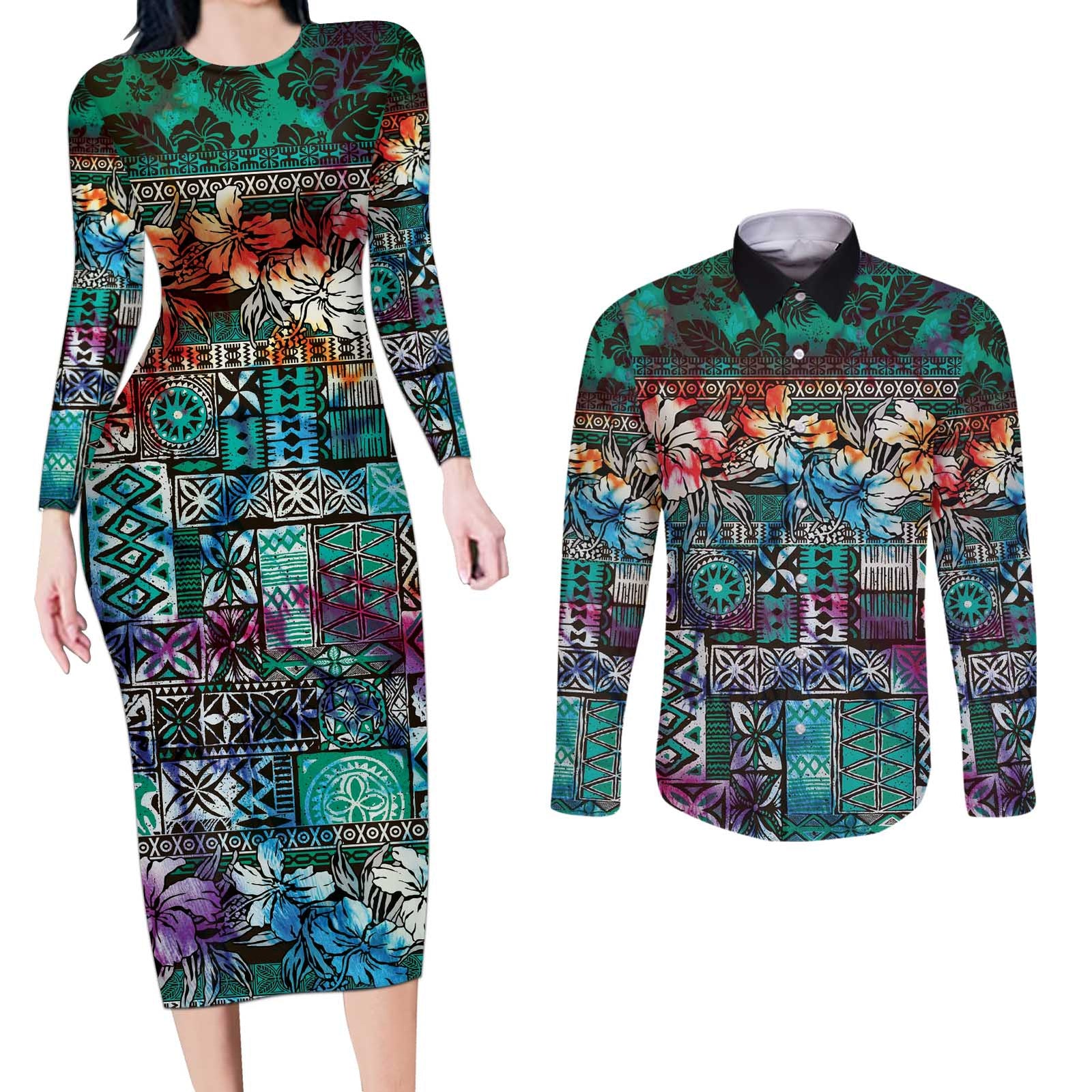 Pacific Hibiscus Tapa Tribal Vintage Couples Matching Long Sleeve Bodycon Dress and Long Sleeve Button Shirt Turquoise Motif LT9 Turquoise - Polynesian Pride