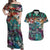 Pacific Hibiscus Tapa Tribal Vintage Couples Matching Off Shoulder Maxi Dress and Hawaiian Shirt Turquoise Motif