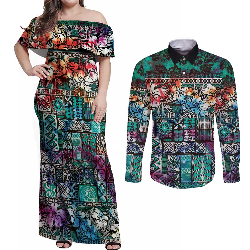 Pacific Hibiscus Tapa Tribal Vintage Couples Matching Off Shoulder Maxi Dress and Long Sleeve Button Shirt Turquoise Motif LT9 Turquoise - Polynesian Pride