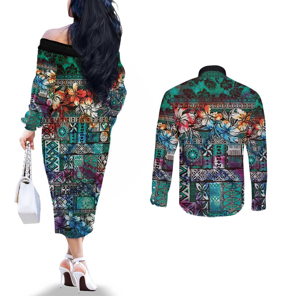 Pacific Hibiscus Tapa Tribal Vintage Couples Matching Off The Shoulder Long Sleeve Dress and Long Sleeve Button Shirt Turquoise Motif