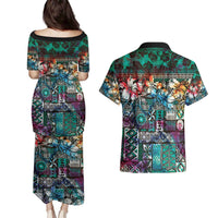 Pacific Hibiscus Tapa Tribal Vintage Couples Matching Puletasi and Hawaiian Shirt Turquoise Motif
