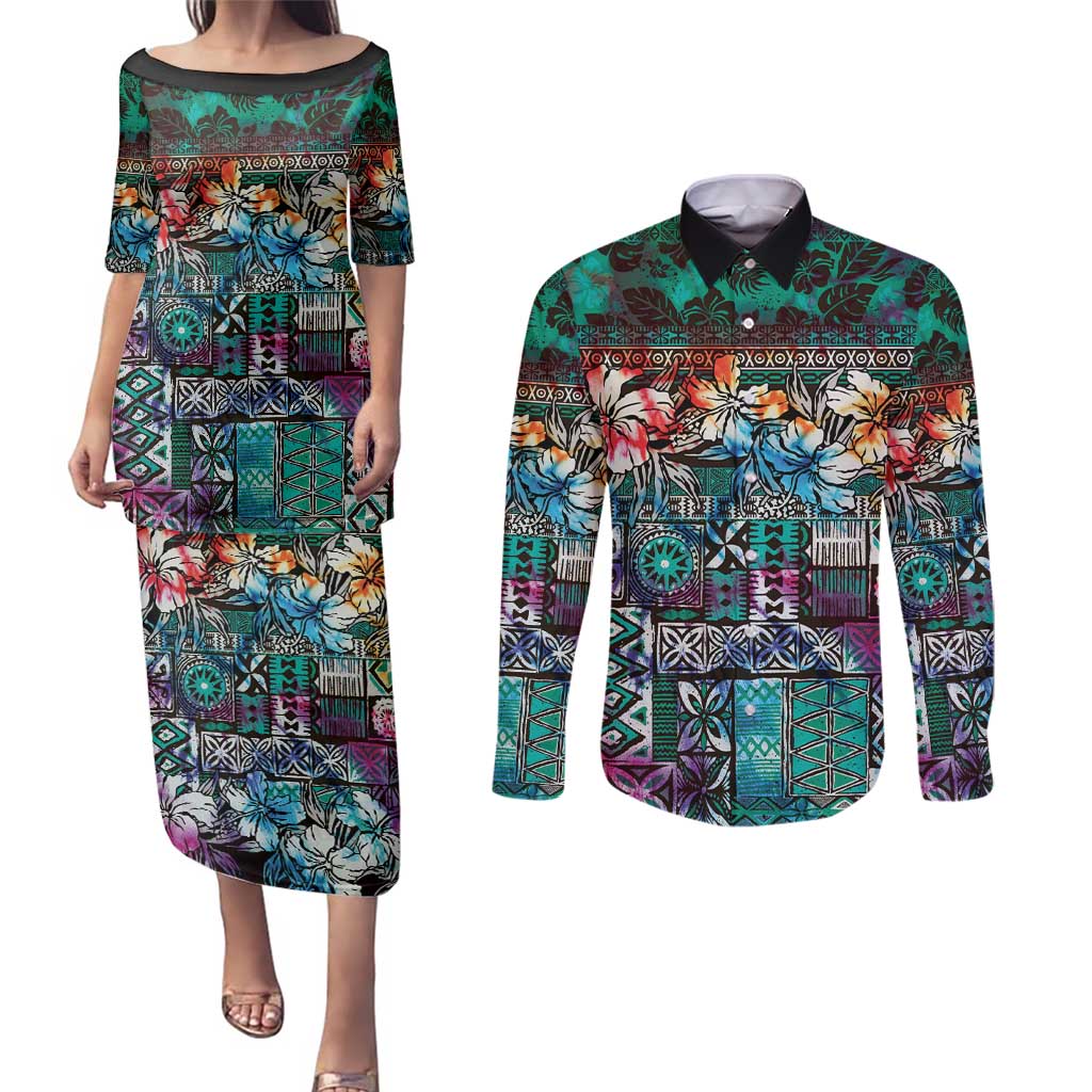 Pacific Hibiscus Tapa Tribal Vintage Couples Matching Puletasi and Long Sleeve Button Shirt Turquoise Motif LT9 Turquoise - Polynesian Pride