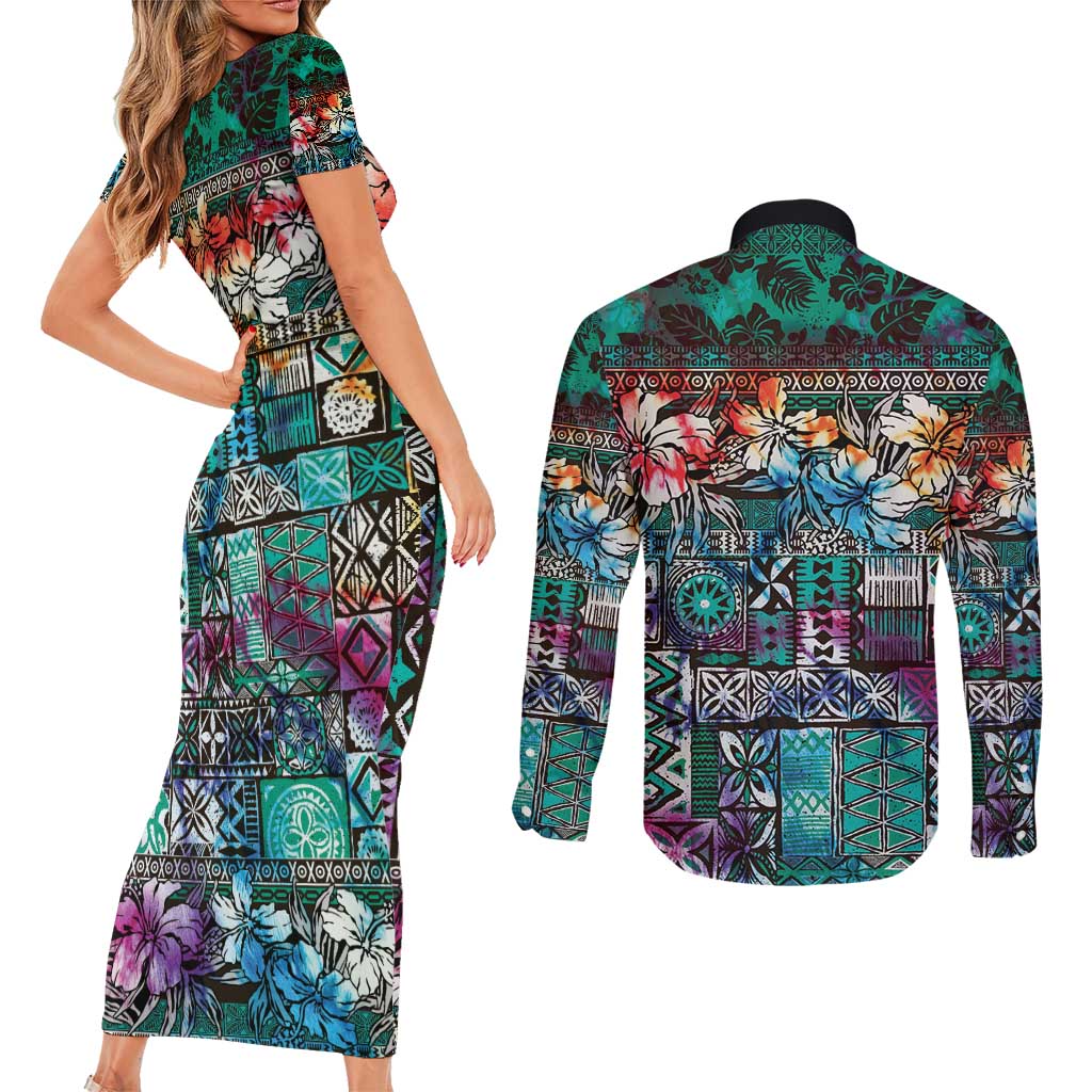 Pacific Hibiscus Tapa Tribal Vintage Couples Matching Short Sleeve Bodycon Dress and Long Sleeve Button Shirt Turquoise Motif