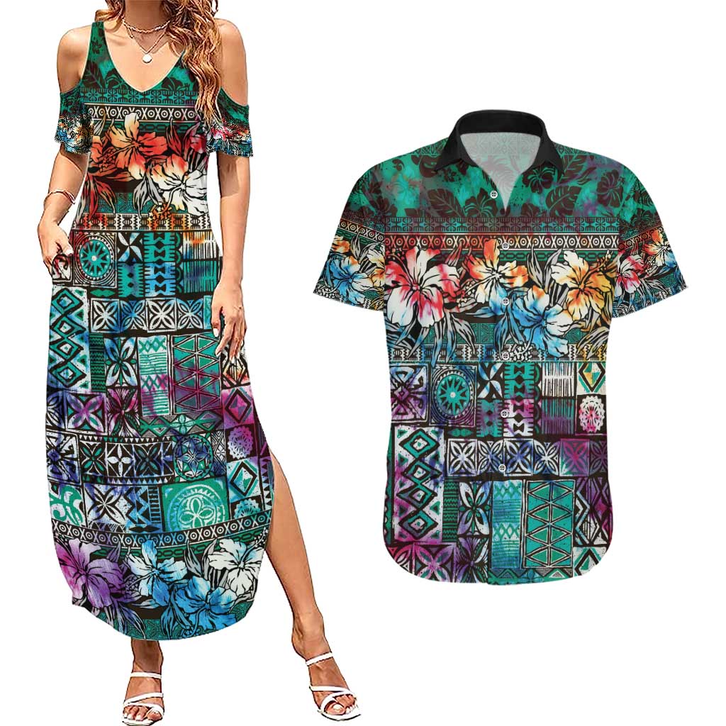 Pacific Hibiscus Tapa Tribal Vintage Couples Matching Summer Maxi Dress and Hawaiian Shirt Turquoise Motif