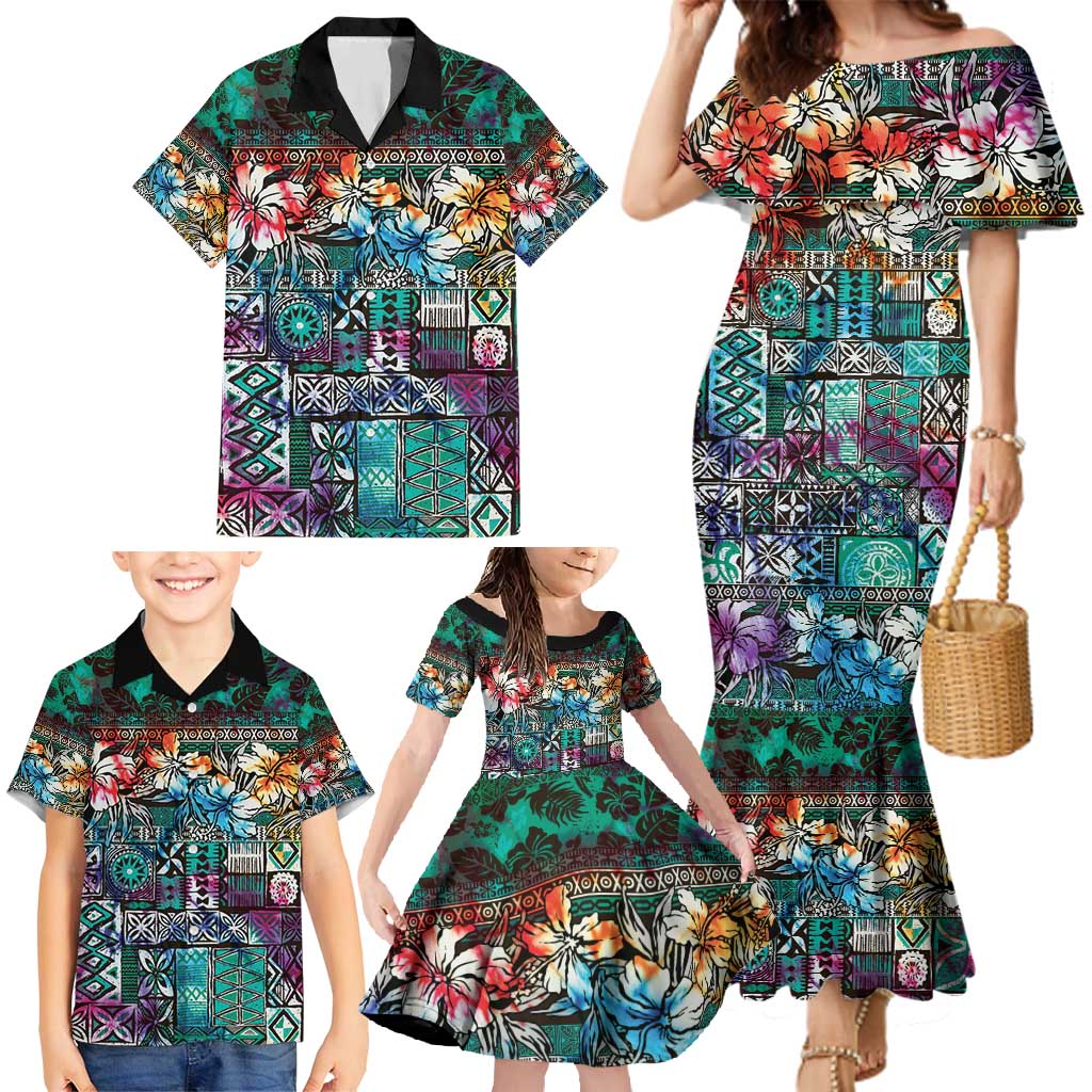 Pacific Hibiscus Tapa Tribal Vintage Family Matching Mermaid Dress and Hawaiian Shirt Turquoise Motif