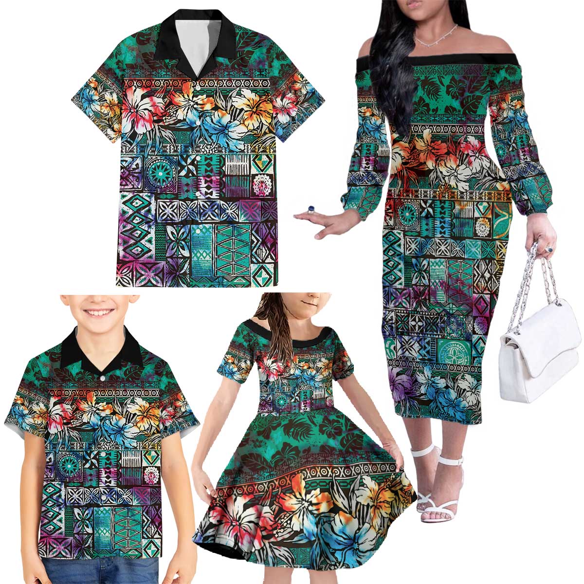 Pacific Hibiscus Tapa Tribal Vintage Family Matching Off The Shoulder Long Sleeve Dress and Hawaiian Shirt Turquoise Motif