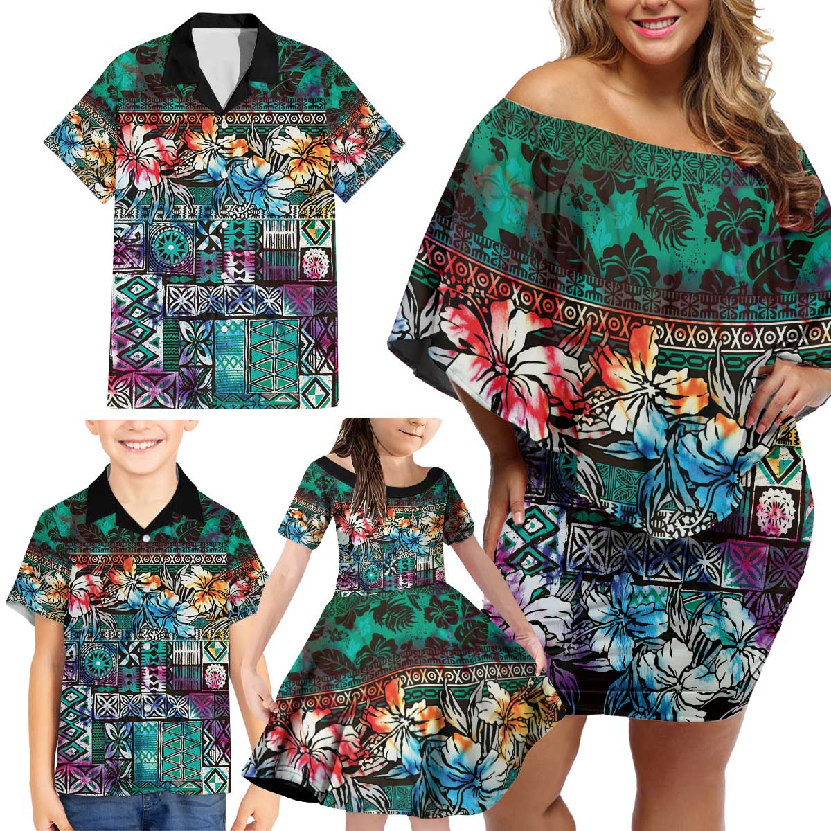 Pacific Hibiscus Tapa Tribal Vintage Family Matching Off Shoulder Short Dress and Hawaiian Shirt Turquoise Motif