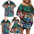 Pacific Hibiscus Tapa Tribal Vintage Family Matching Off Shoulder Short Dress and Hawaiian Shirt Turquoise Motif