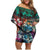 Pacific Hibiscus Tapa Tribal Vintage Family Matching Off Shoulder Short Dress and Hawaiian Shirt Turquoise Motif